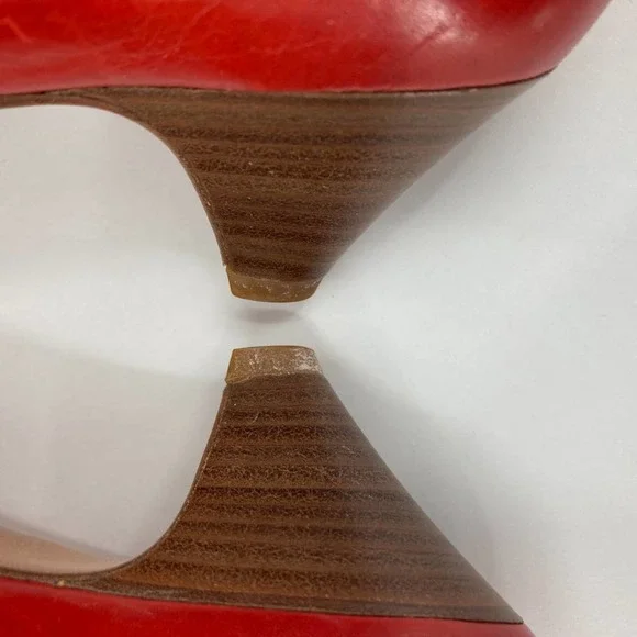 Vintage 80s Red Leather Wood Stacked Kitten Heel Pumps - Picture 8 of 14